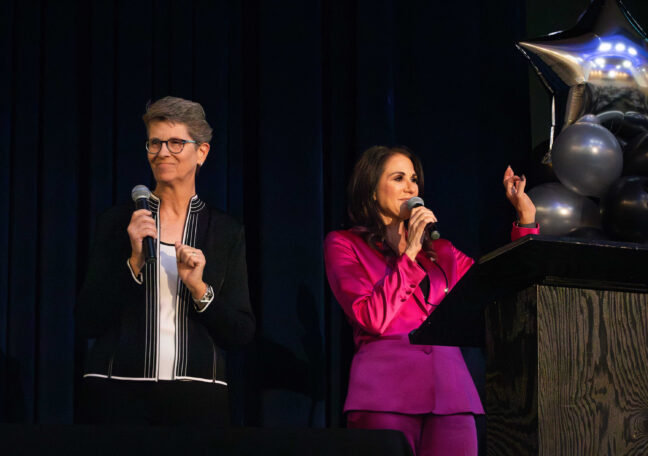 Shari Roeseler of Society for the Blind and event emcee Cristina Mendonsa announce the $1 million Vision Forward Initiative launch at the 70th Anniversary Gala